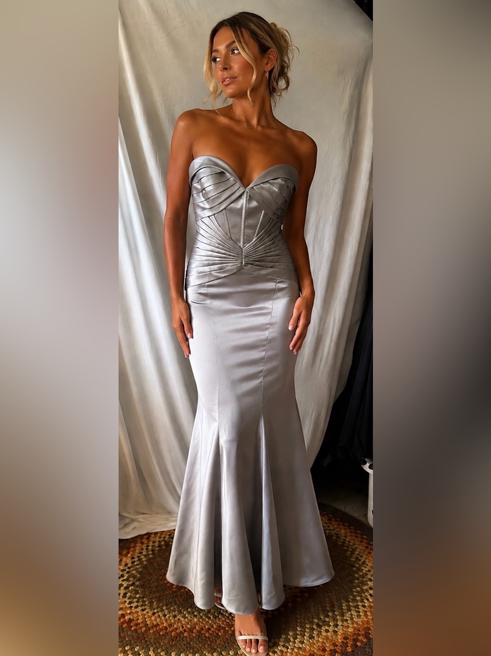 Zac Posen Silver Strapless Satin Mermaid Gown